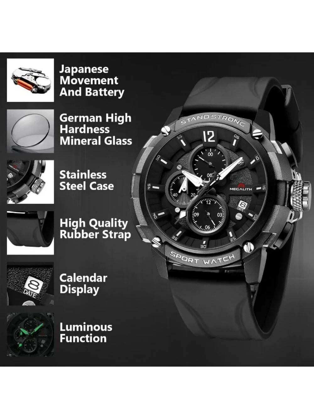 Men's Black Analog Quartz Heavy Duty Waterproof Chronograph Luminous Wrist Watch